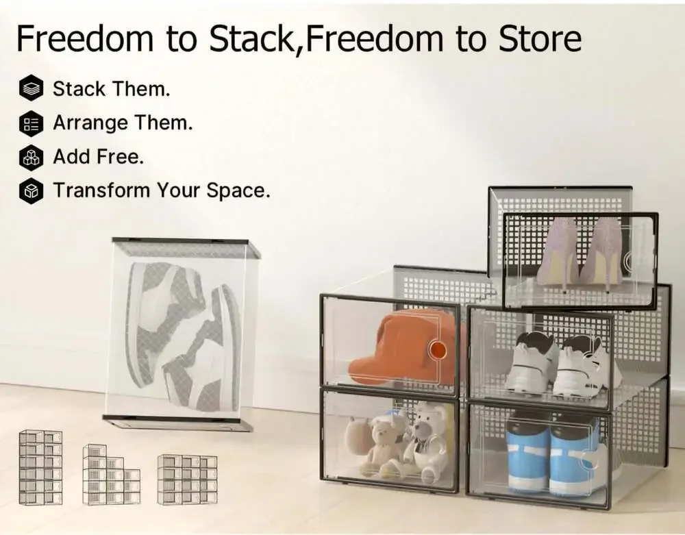 Clear Stackable Plastic Shoe Storage Boxes, 12 Pack Modular Sneaker Containers